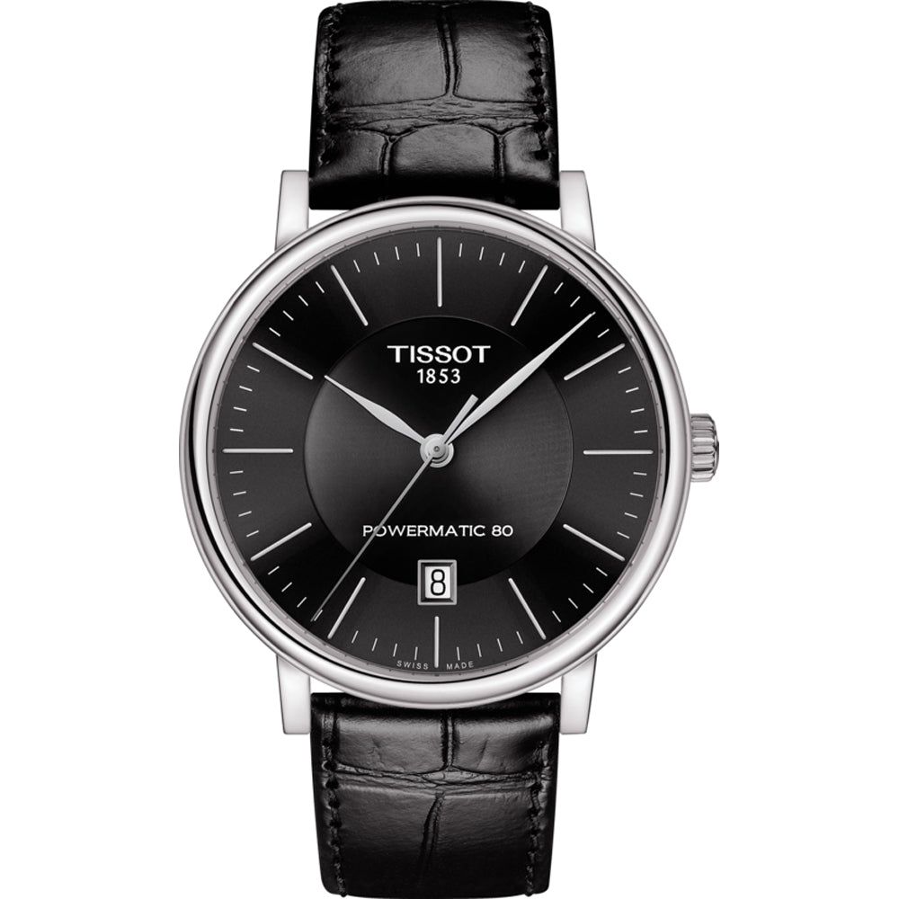 Reloj Tissot Carson Premium con esfera negra, correa de piel negra y detalle de fecha.