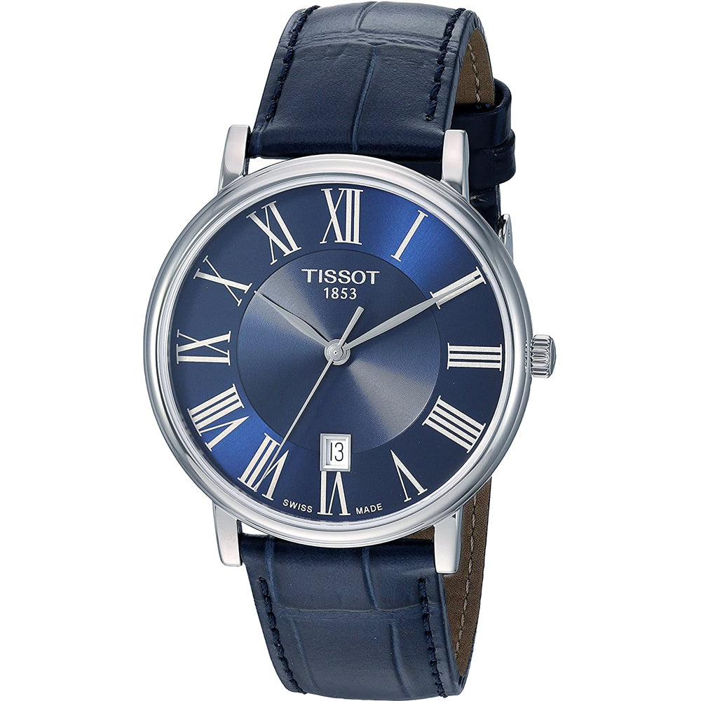 Reloj Tissot con esfera azul, números romanos en plata y correa de piel azul.