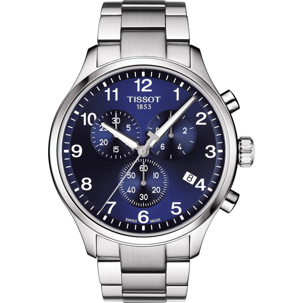 Reloj Tissot Chrono XL Classic con esfera azul, caja de acero inoxidable y correa de acero.