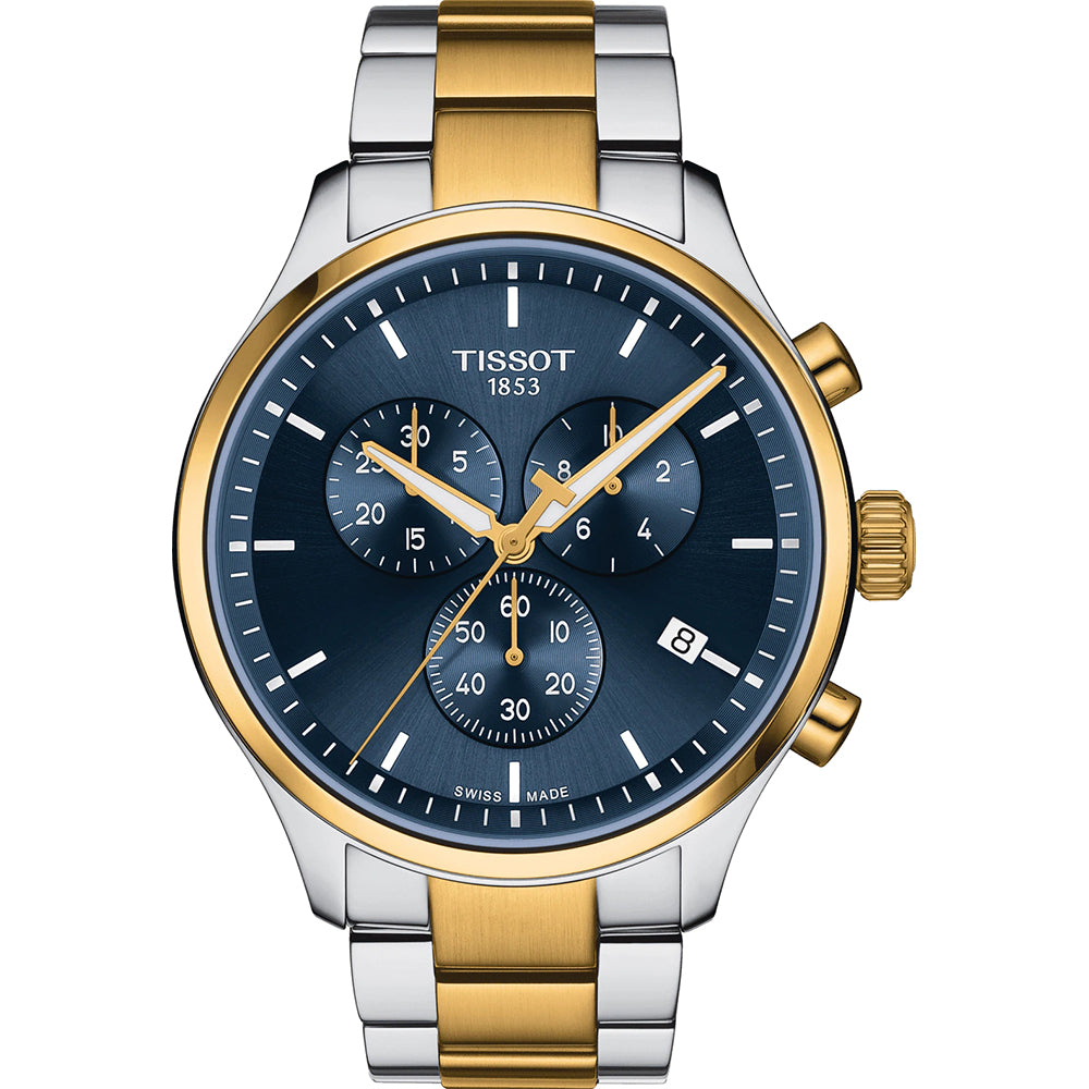 Reloj cronógrafo de acero inoxidable con esfera azul, detalles dorados y correa bicolor.
