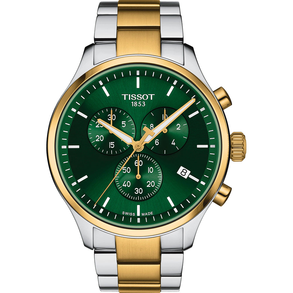 Reloj cronógrafo con esfera verde, caja de acero inoxidable bicolor y correa de acero.