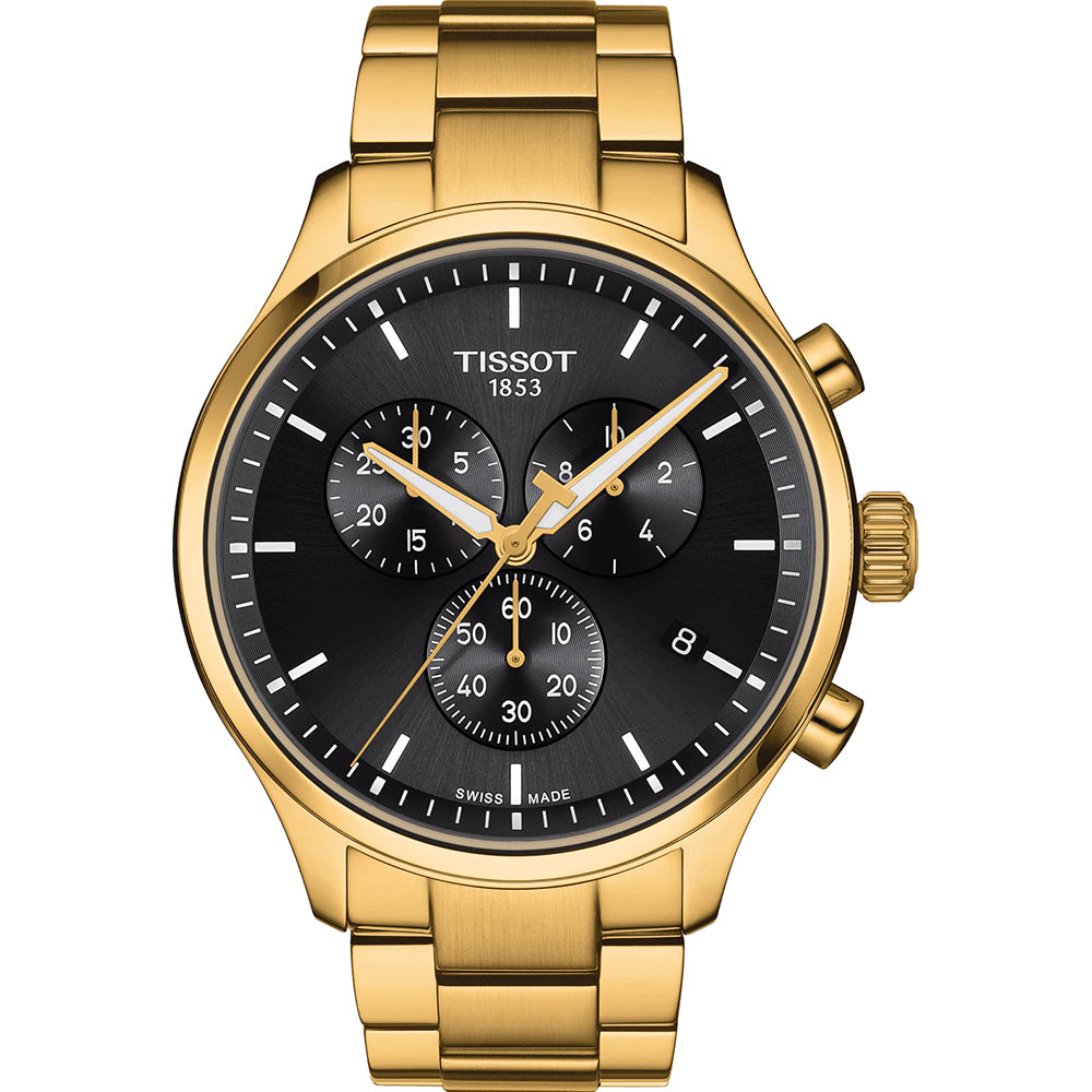 Reloj cronógrafo de acero dorado con esfera negra y detalles plateados.