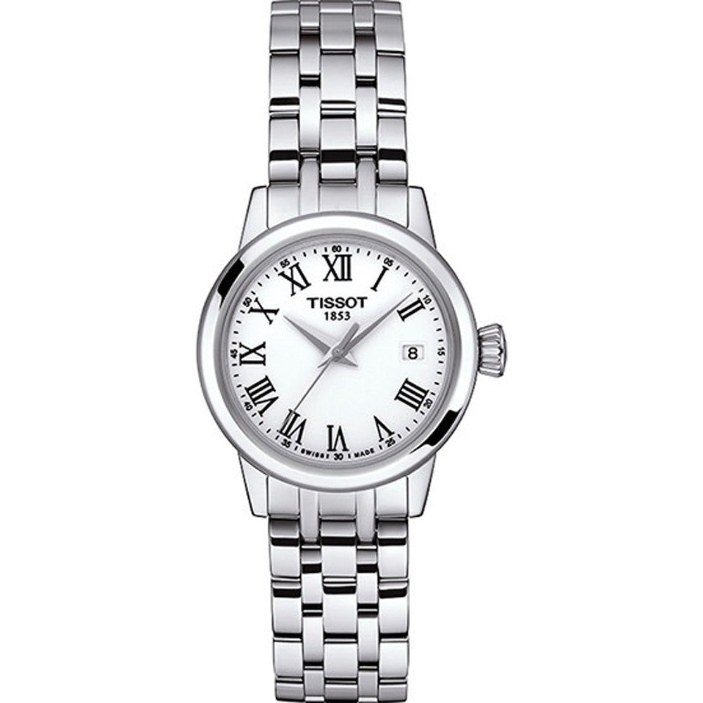 Reloj de mujer Tissot con caja plateada, esfera blanca y números romanos, correa de acero inoxidable.