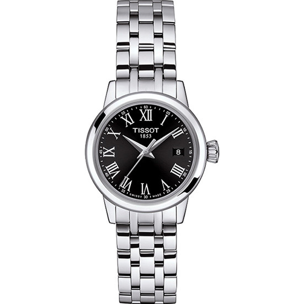 Reloj de esfera negra con números romanos, caja de acero inoxidable y pulsera de eslabones.