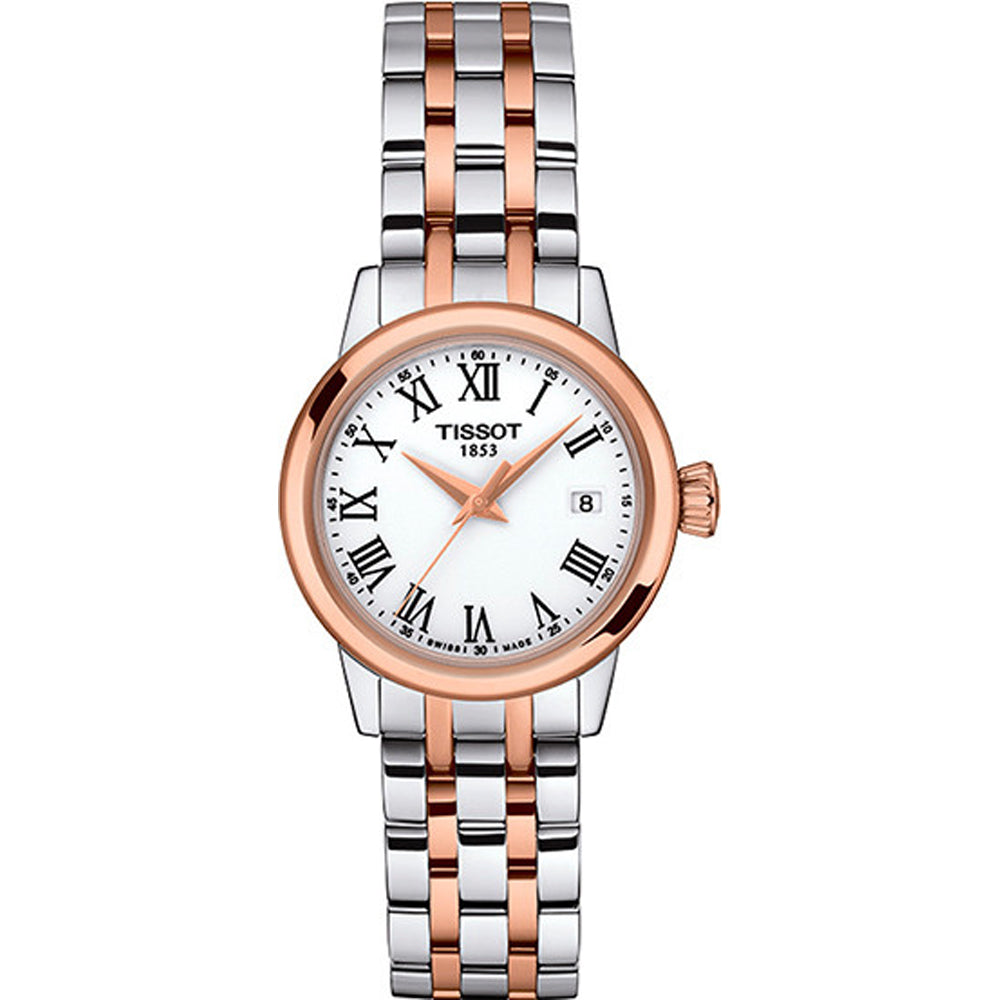 Reloj de mujer Tissot con caja plateada y dorada, esfera blanca y números romanos.