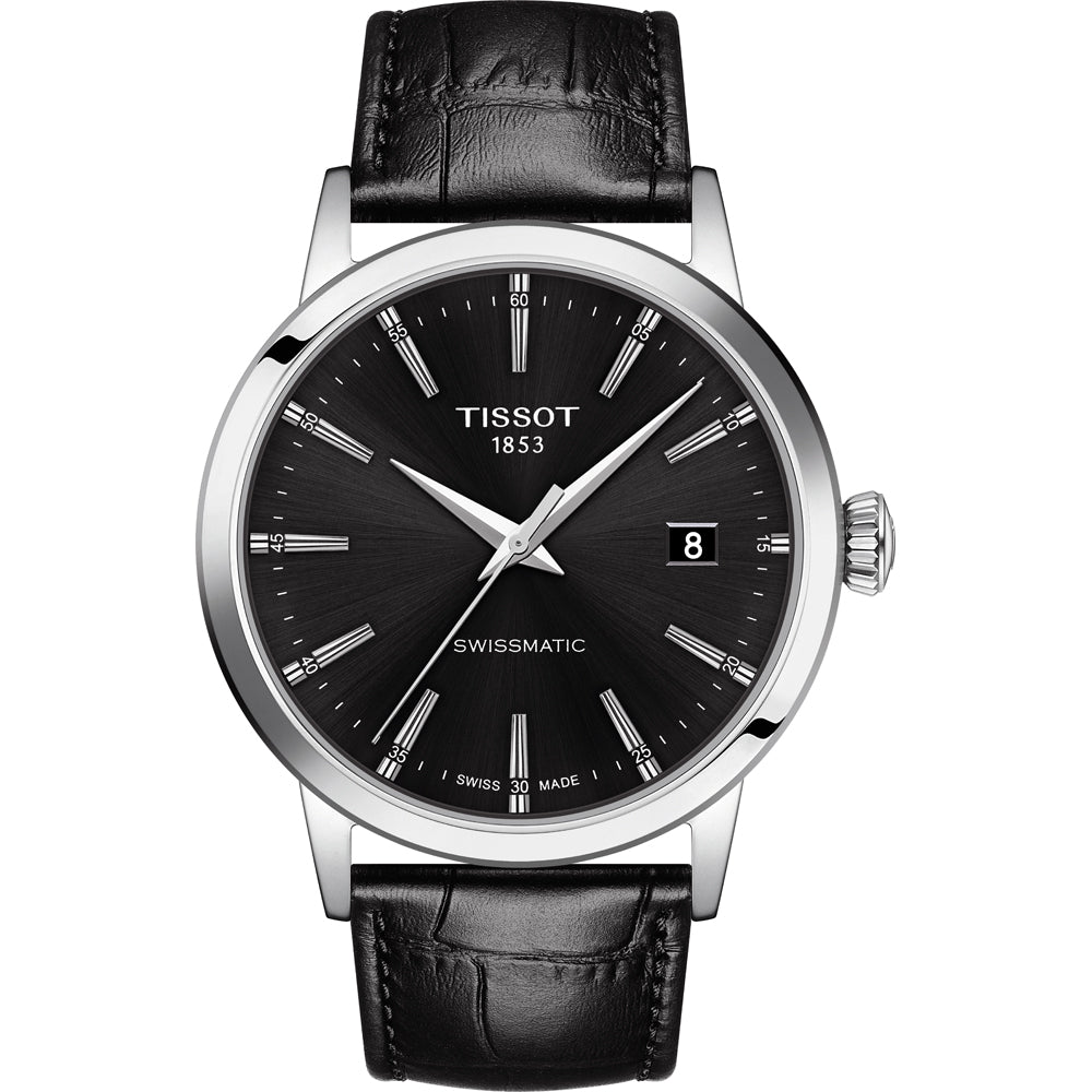 Reloj Tissot Classic Dream con esfera negra, correa de cuero negra y caja de acero inoxidable.