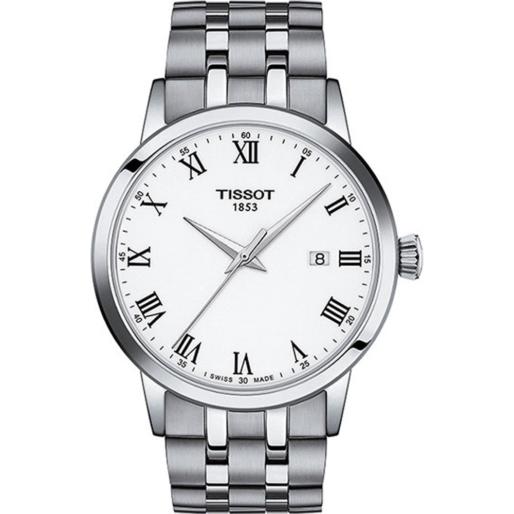 Reloj Tissot Classic Dream con esfera blanca, números romanos y correa de acero inoxidable.