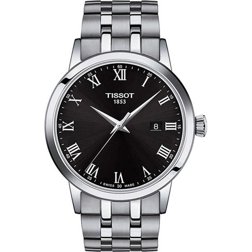 Reloj de acero inoxidable con esfera negra y números romanos, correa de eslabones.
