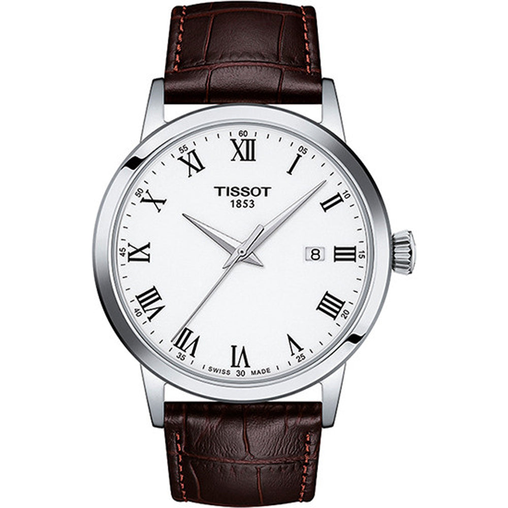 Reloj Tissot Classic Dream con esfera blanca, números romanos y correa de cuero marrón.