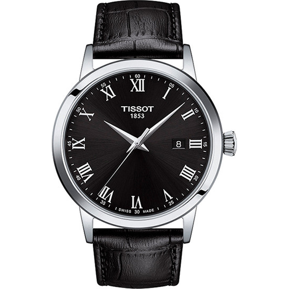 Reloj Tissot Classic Dream con esfera negra, números romanos plateados y correa de cuero negra.