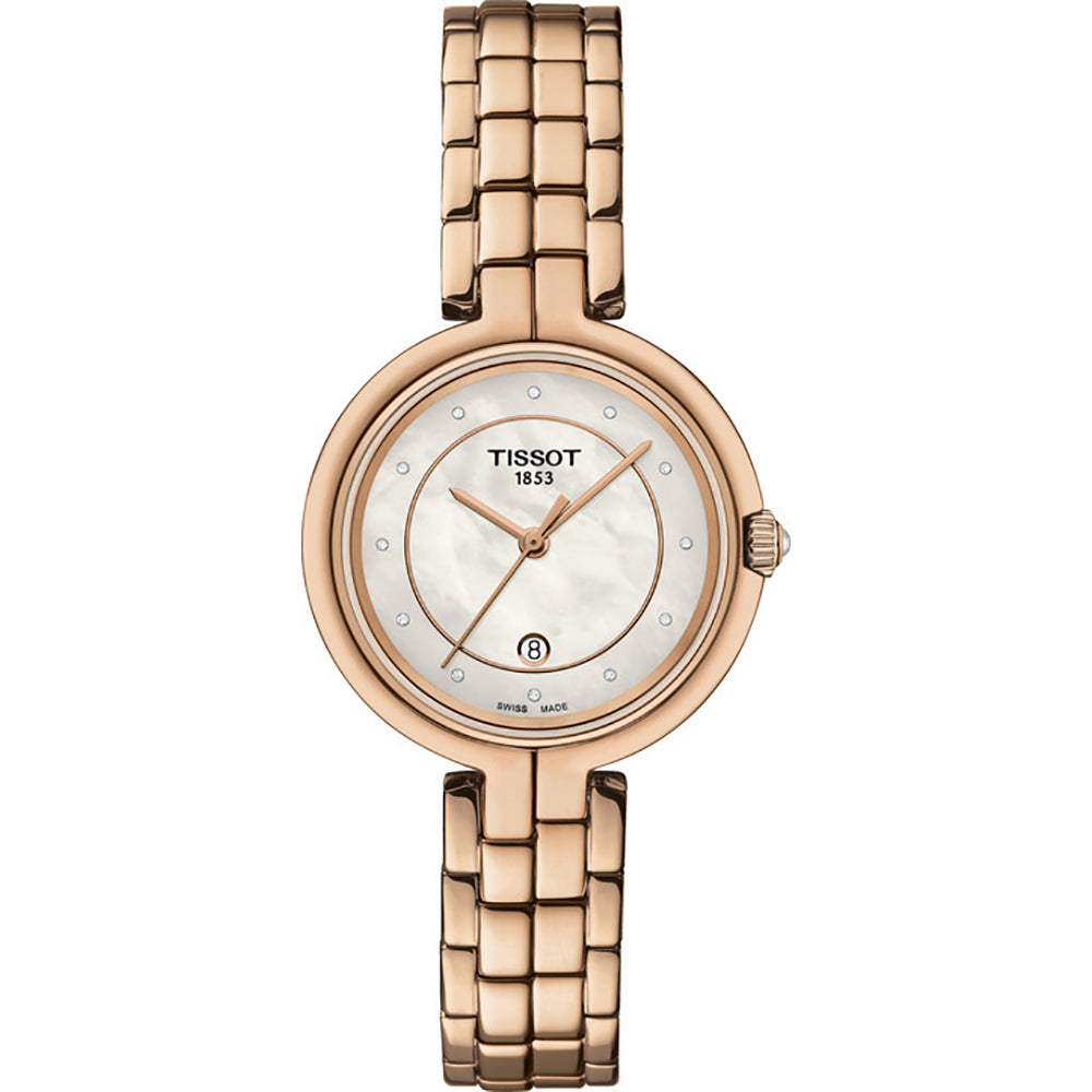 Reloj Tissot Flamingo con caja redonda en tono rosado y esfera de nácar, correa de eslabones.