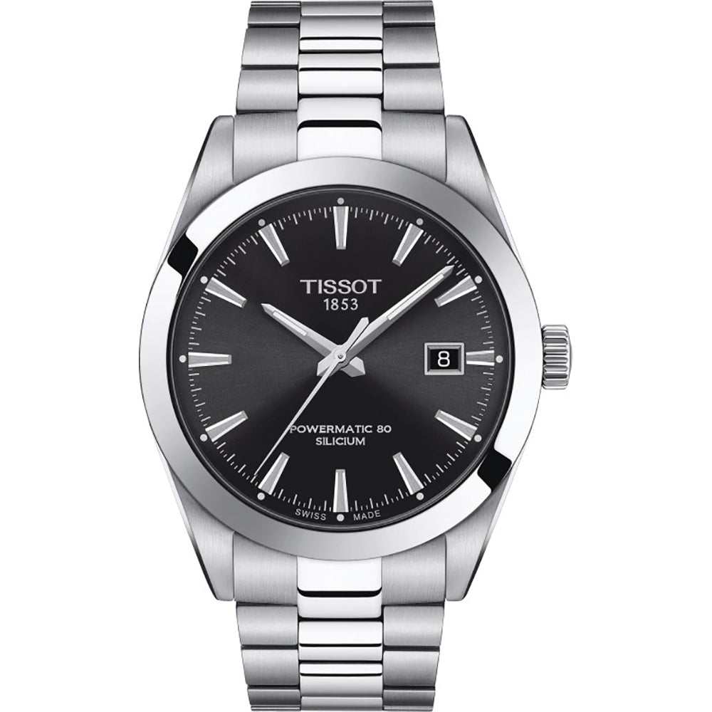 Reloj Tissot Gentleman Powermatic 80 con esfera negra, caja y brazalete de acero inoxidable.
