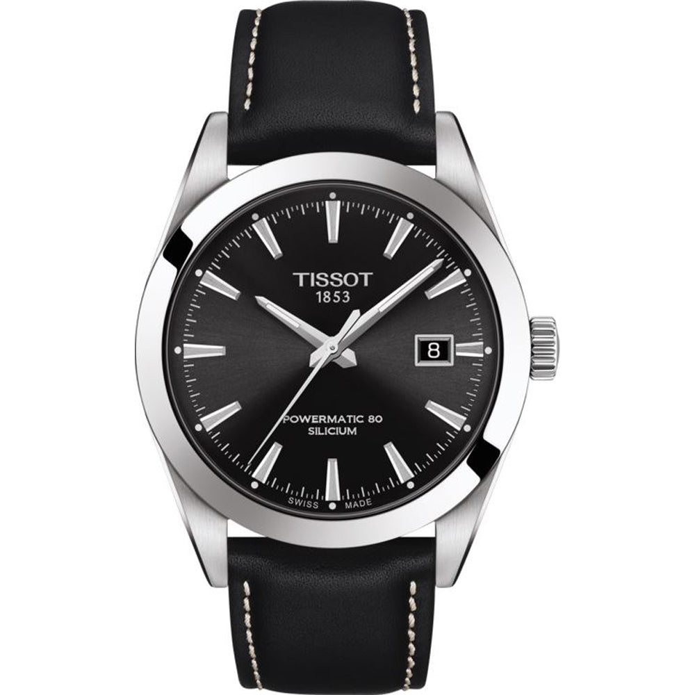 Reloj Tissot Gentleman Powermatic 80 con esfera negra, caja de acero inoxidable y correa de cuero negra.