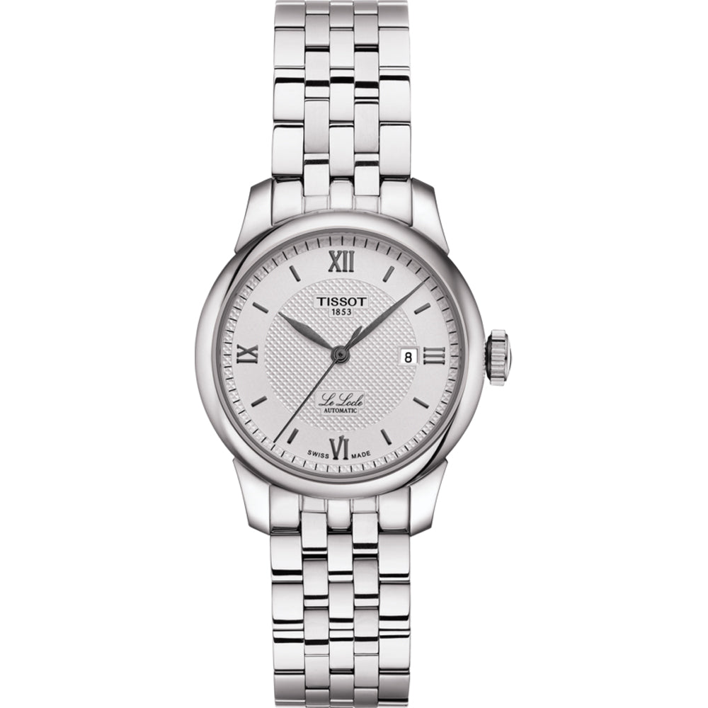 Reloj automático de mujer Tissot Le Locle con esfera plateada, números romanos y pulsera de acero inoxidable.