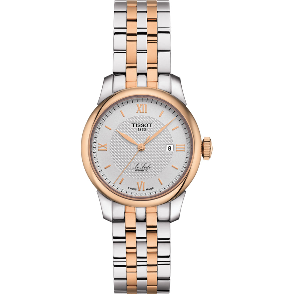 Reloj automático para dama Tissot con caja plateada y dorada, esfera plateada y correa de acero.