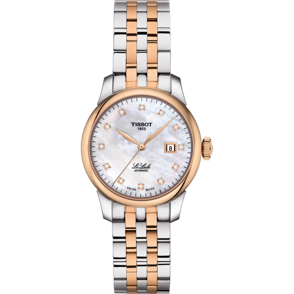 Reloj automático para dama Tissot con caja bicolor, esfera de nácar y detalles en diamantes.