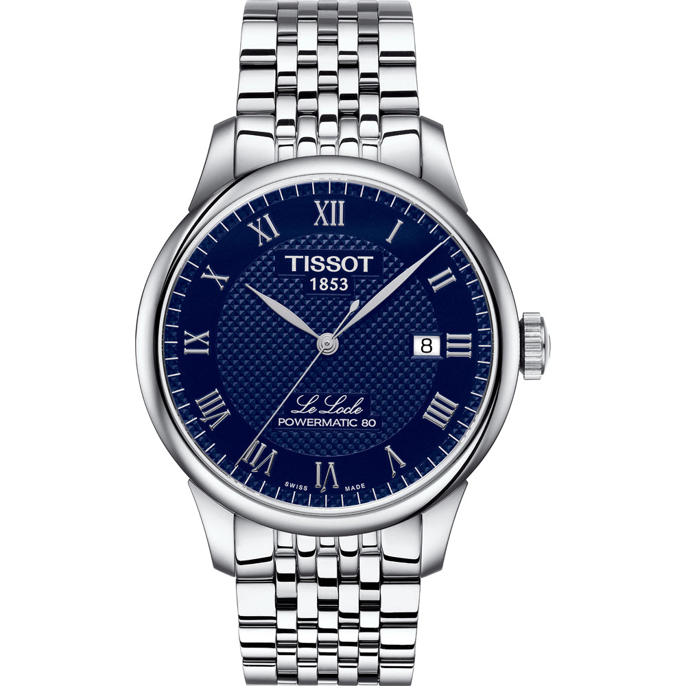 Reloj Tissot Le Locle con esfera azul, números romanos, caja de acero inoxidable y correa de malla.