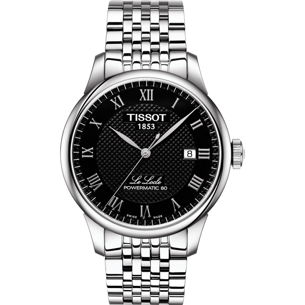 Reloj Tissot Le Locle con esfera negra, números romanos, correa de acero inoxidable y fecha.