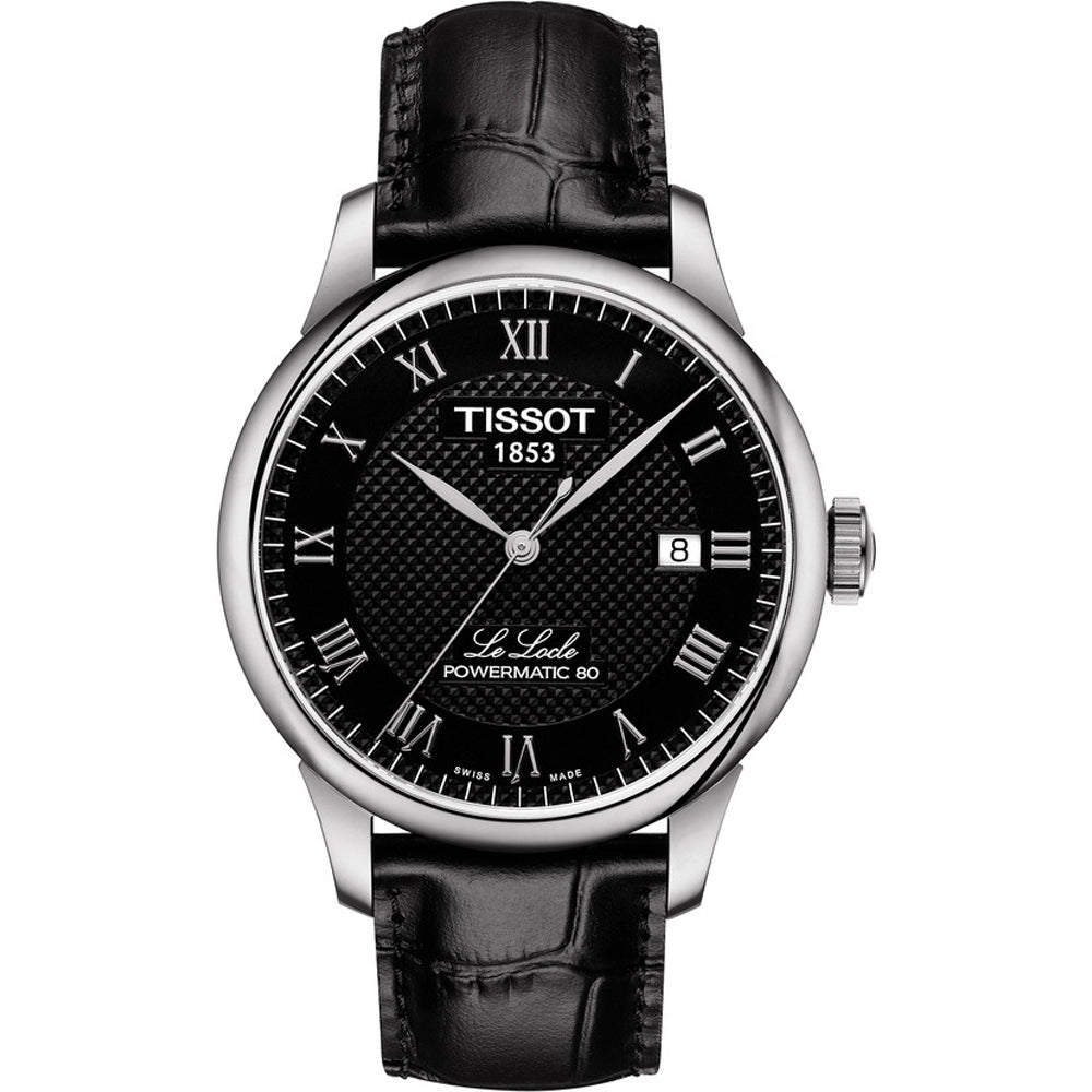 Reloj Tissot Le Locle con esfera negra, números romanos, caja de acero y correa de piel negra.