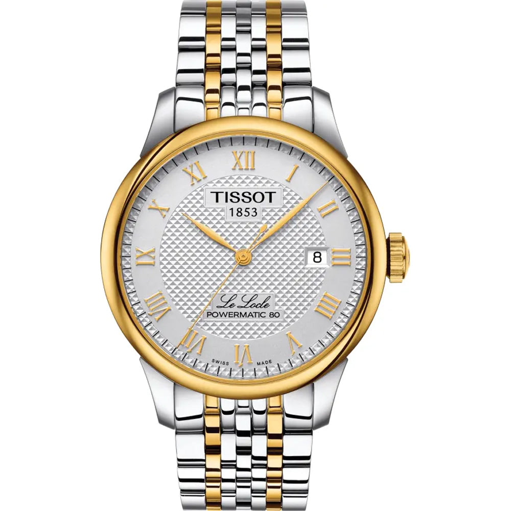 Reloj Tissot Le Locle Powermatic 80 con caja bicolor de acero inoxidable y oro, esfera plateada y números romanos.