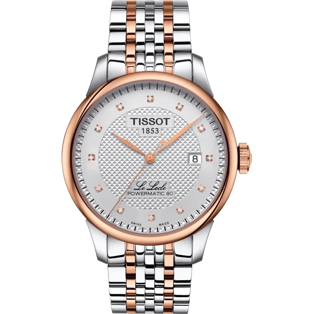 Reloj Tissot Le Locle con esfera plateada, caja bicolor de acero y oro rosa, y correa de eslabones.