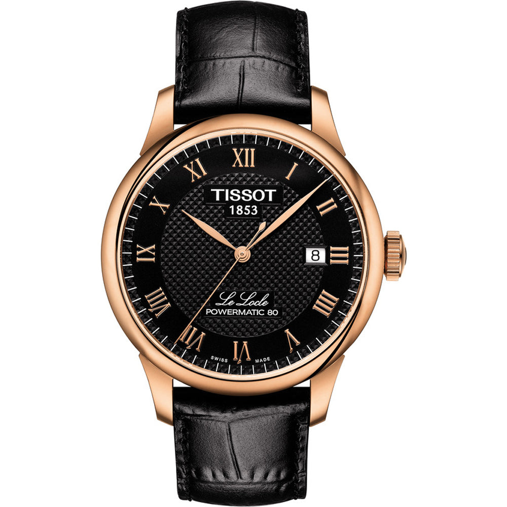 Reloj Tissot Le Locle Powermatic 80 con esfera negra, números romanos dorados y correa de piel negra.
