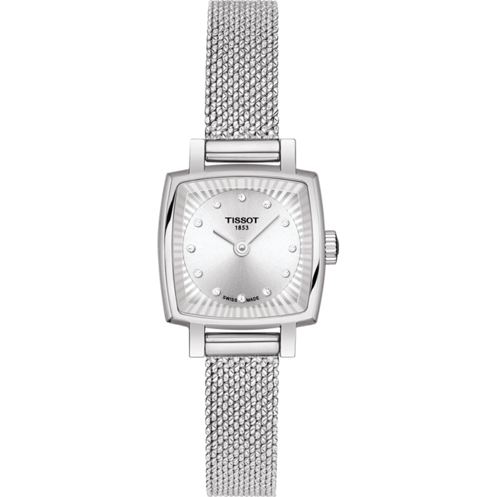 Reloj cuadrado plateado con esfera blanca y correa de malla metálica.