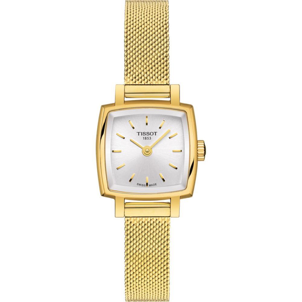 Reloj cuadrado dorado con esfera plateada y correa de malla metálica.