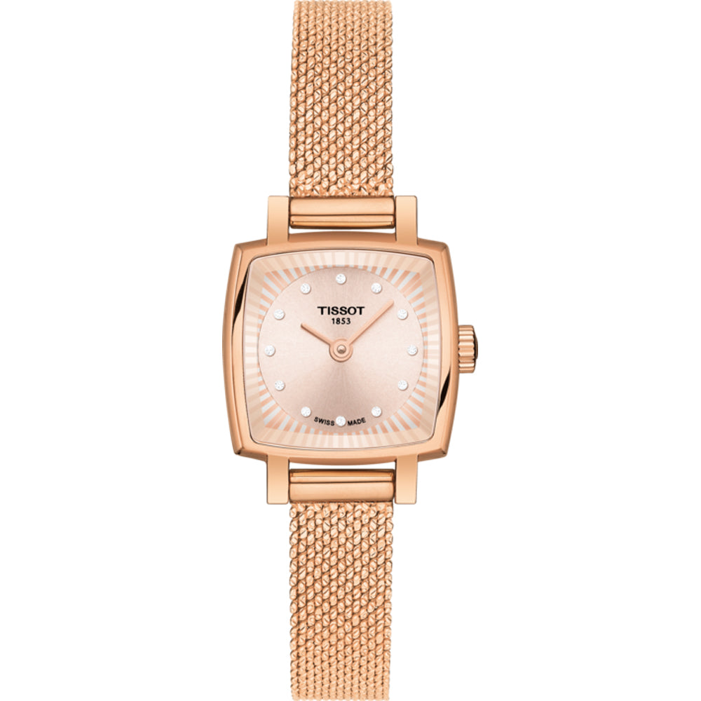 Reloj cuadrado de Tissot con caja rosa y correa de malla metálica dorada.