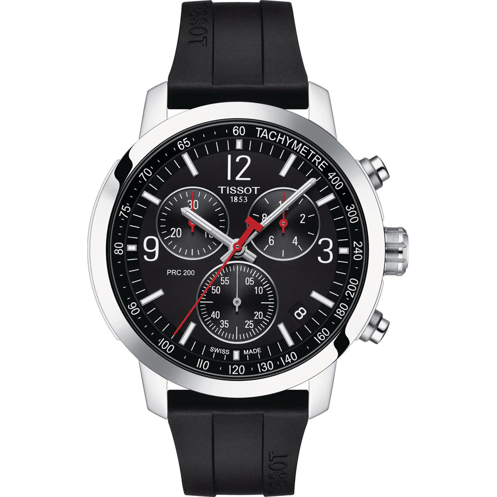 Reloj cronógrafo Tissot PRC 200 con esfera negra, caja de acero inoxidable y correa de goma negra.