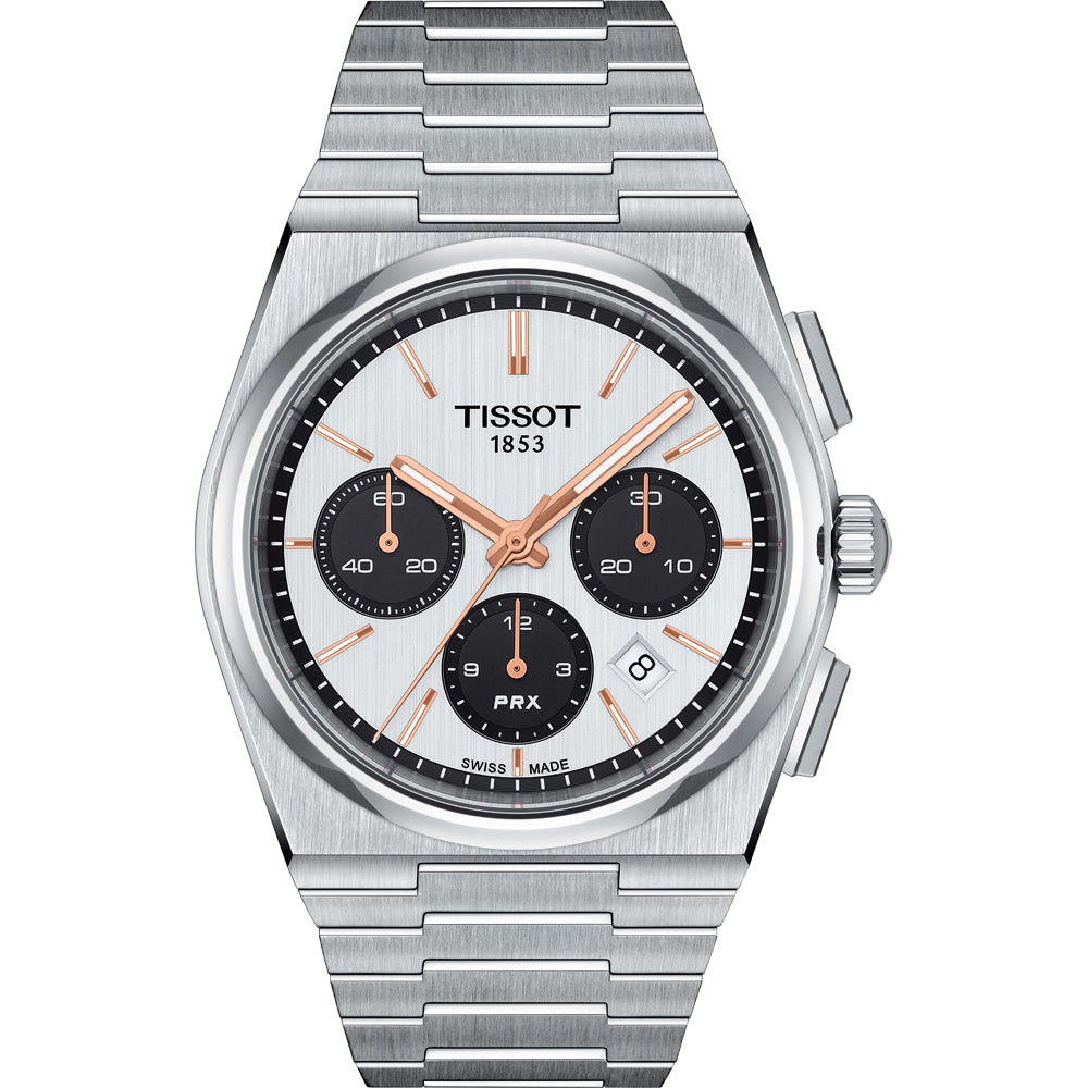 Reloj automático cronógrafo Tissot PRX con caja de acero inoxidable, esfera blanca y detalles en negro y naranja.