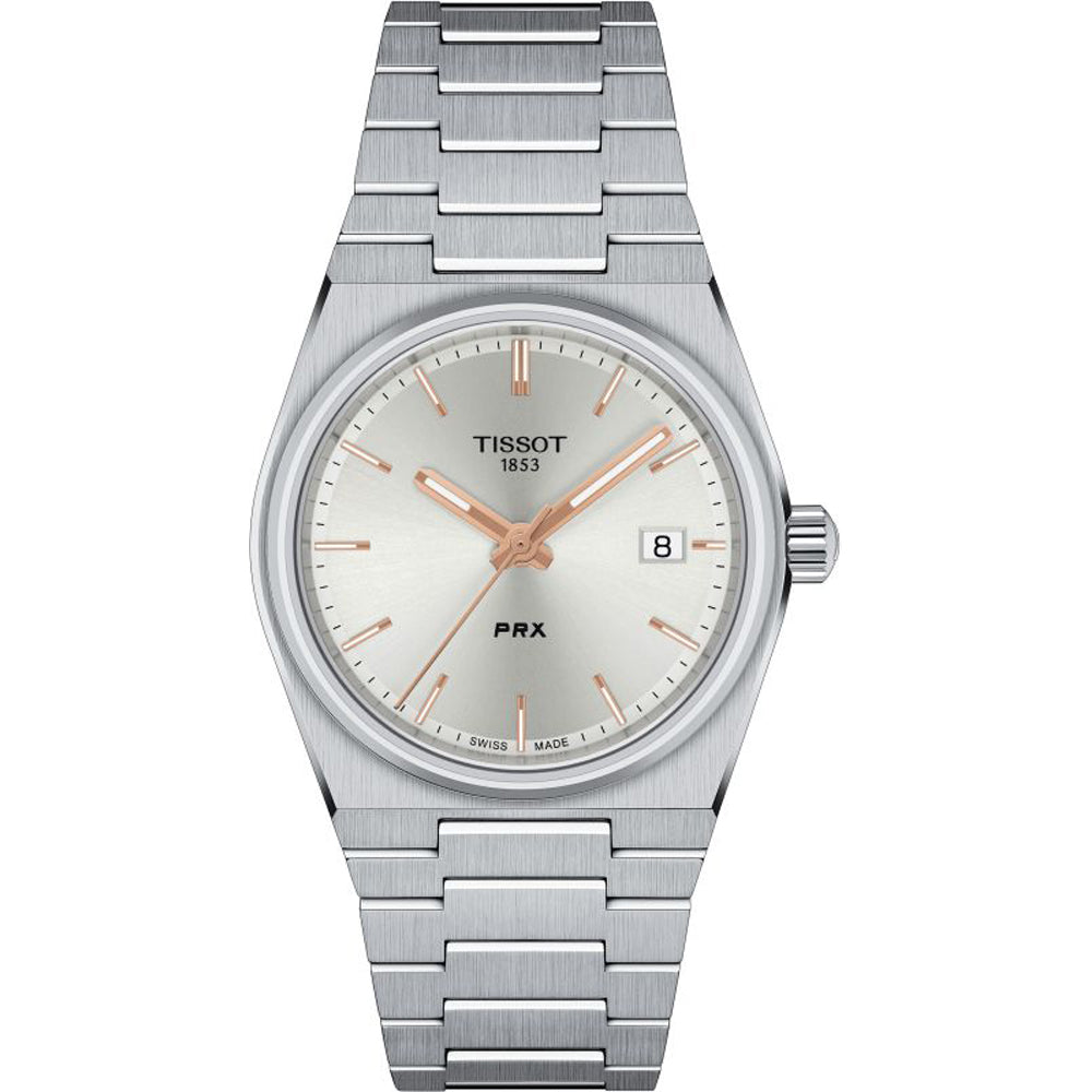 Reloj Tissot PRX de 35 mm con esfera plateada, índices en rosa y correa de acero inoxidable.