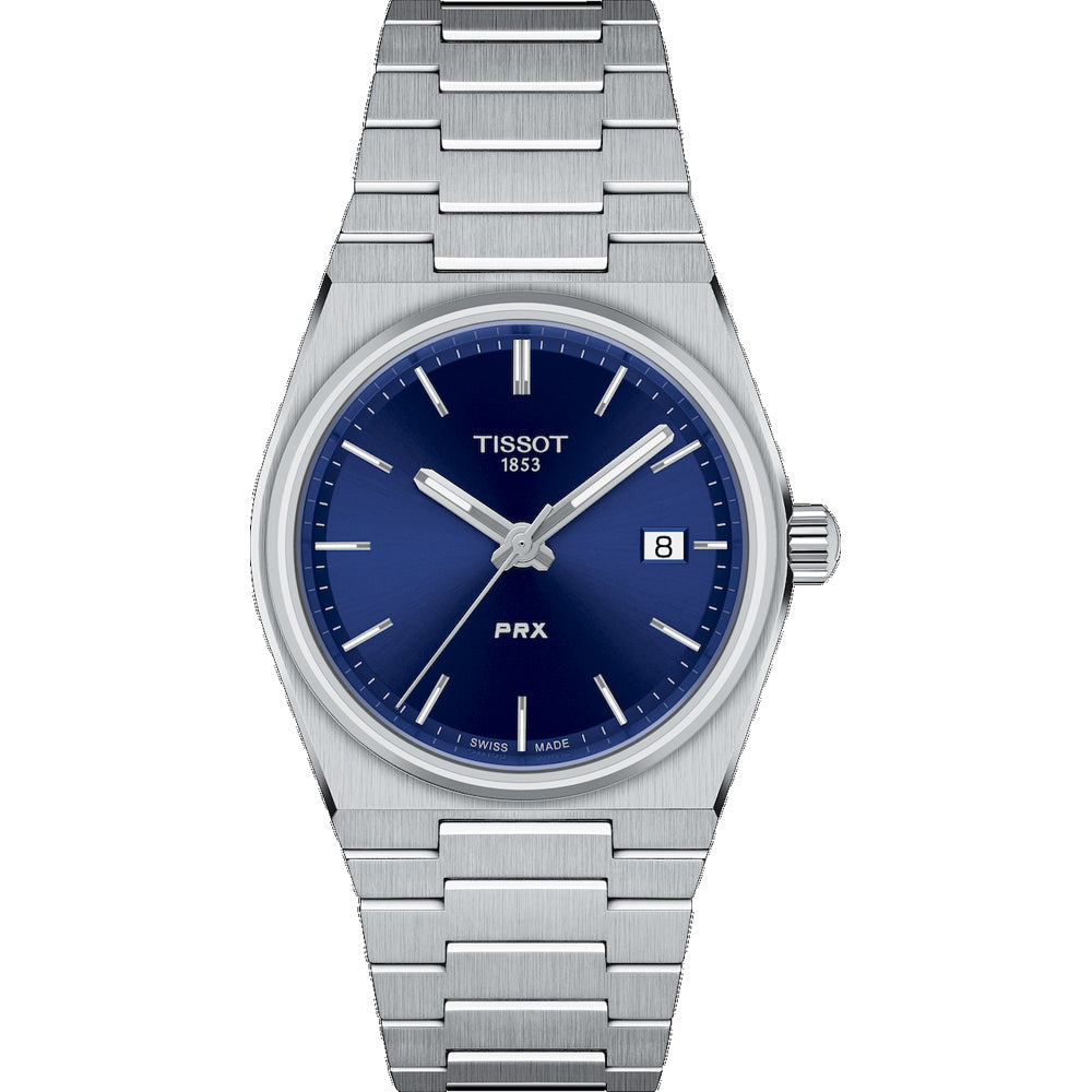 Reloj Tissot PRX de 35 mm con esfera azul, caja de acero inoxidable y correa de acero.
