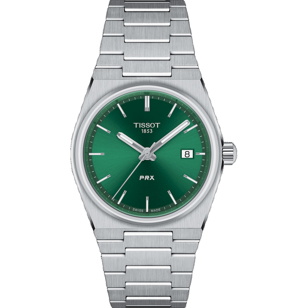 Reloj Tissot PRX de 35 mm con esfera verde, caja de acero inoxidable y correa de acero.