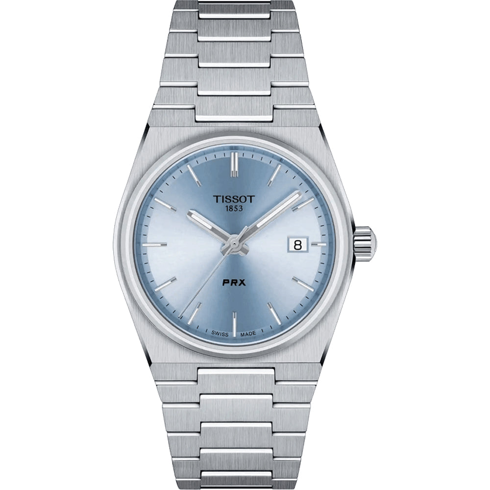 Reloj Tissot PRX de 35 mm con esfera azul, caja y correa de acero inoxidable, y fecha a las tres.