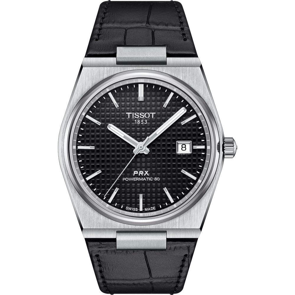 Reloj Tissot PRX Powermatic 80 con esfera negra, caja de acero inoxidable y correa de cuero negra.