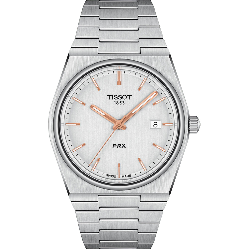 Reloj Tissot PRX con caja de acero inoxidable, esfera plateada y detalles en color rosa.