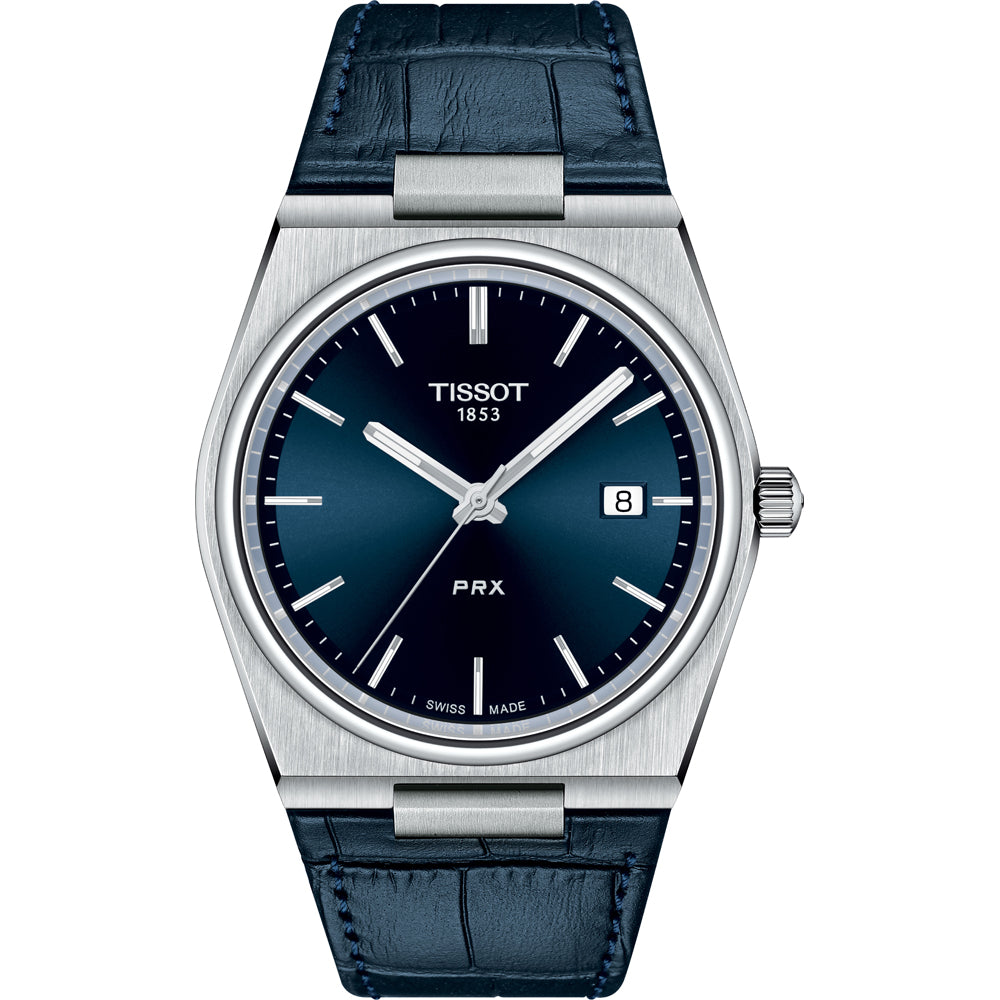 Reloj Tissot PRX con esfera azul, caja de acero inoxidable y correa de piel azul.