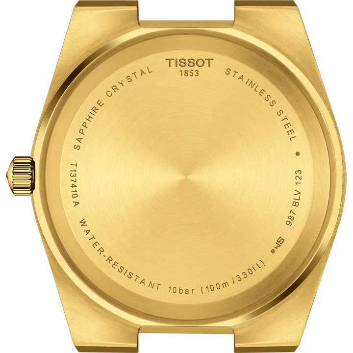 Achteraanzicht van de horlogekast van de Tissot PRX met gravures: Tissot 1853, saffierglas, roestvrij staal, waterdicht 10 bar (100 m/330 ft), Zwitsers quartz-uurwerk en andere details over het model.