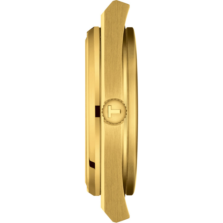 Zijaanzicht van de Tissot PRX gouden kast toont een slank, geborsteld metalen ontwerp met een kroon in reliëf met het Tissot T logo en duurzaam saffierglas.