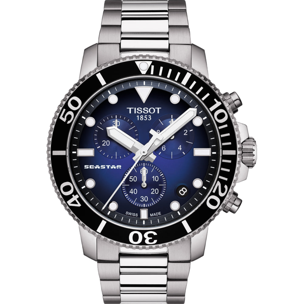 Reloj cronógrafo Tissot Seastar 1000 con caja de acero inoxidable, esfera azul y bisel negro.