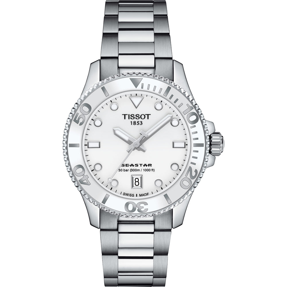 Reloj Tissot Seastar 1000 de 36 mm con esfera blanca, caja de acero inoxidable y brazalete plateado.
