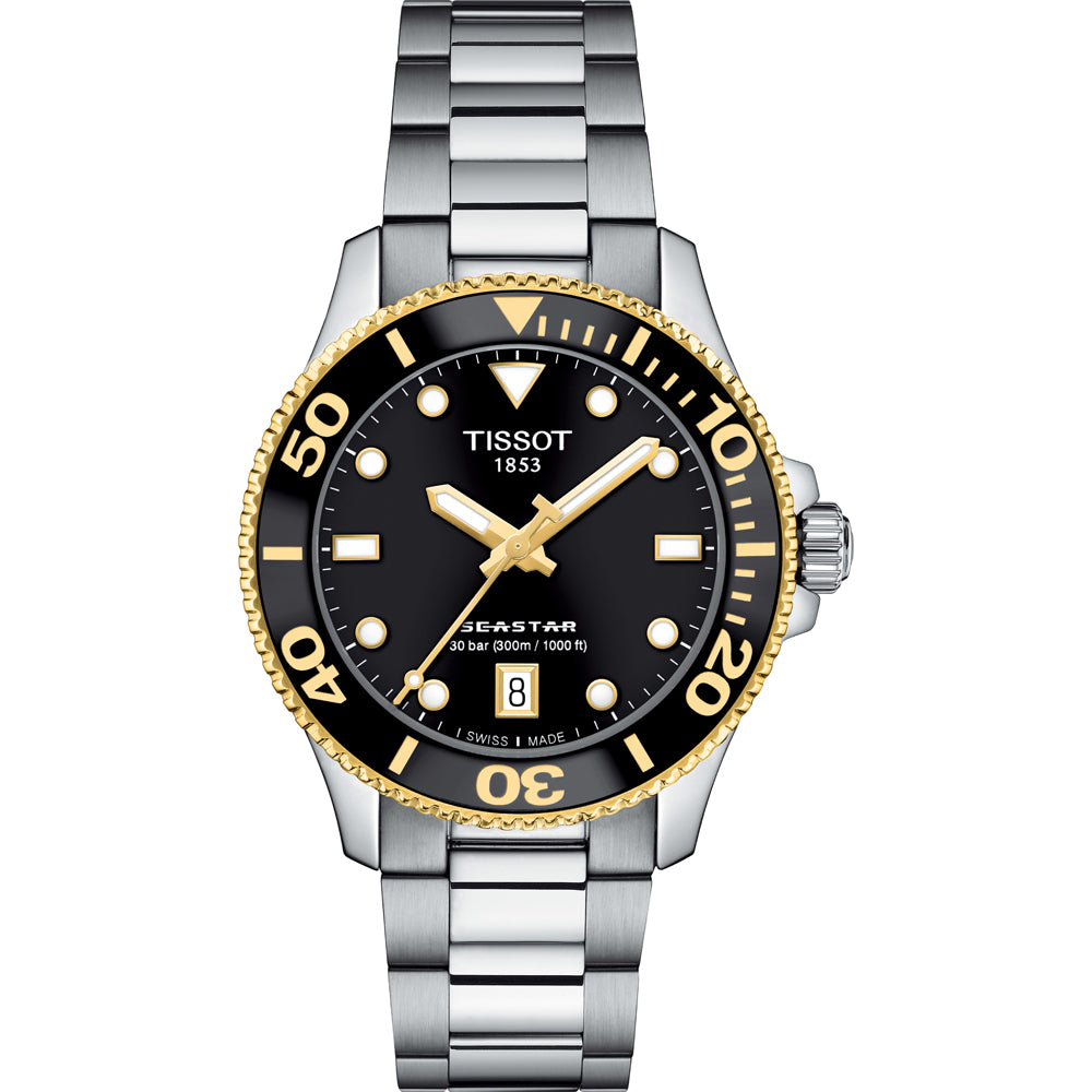 Reloj Tissot Seastar 1000 de 36 mm, con caja de acero inoxidable, esfera negra y bisel dorado.