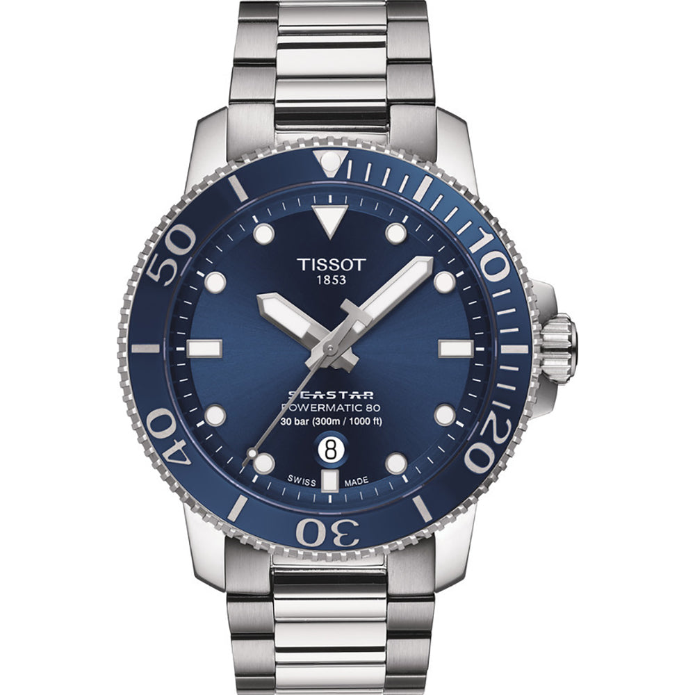 Reloj Tissot Seastar 1000 con esfera azul, caja de acero inoxidable y correa de acero.