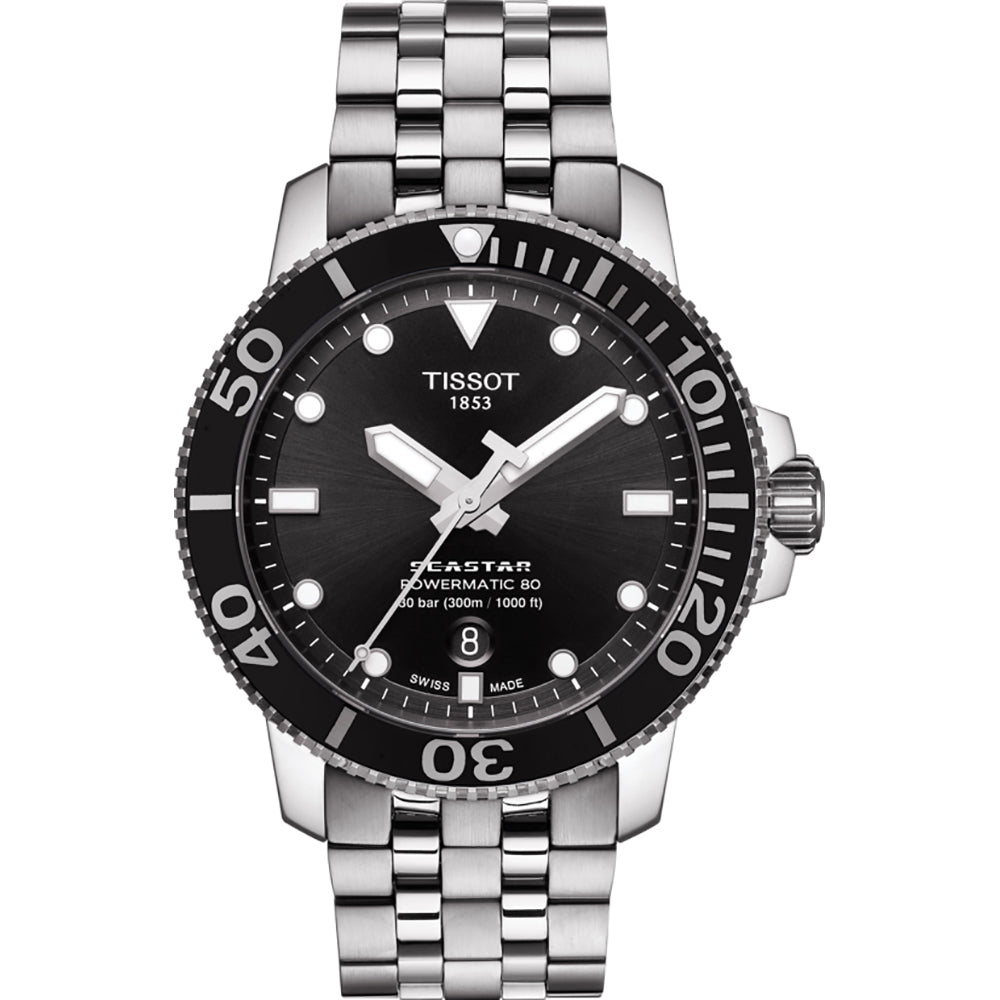Reloj de buceo Tissot Seastar 1000 con esfera negra, caja de acero inoxidable y correa de eslabones.