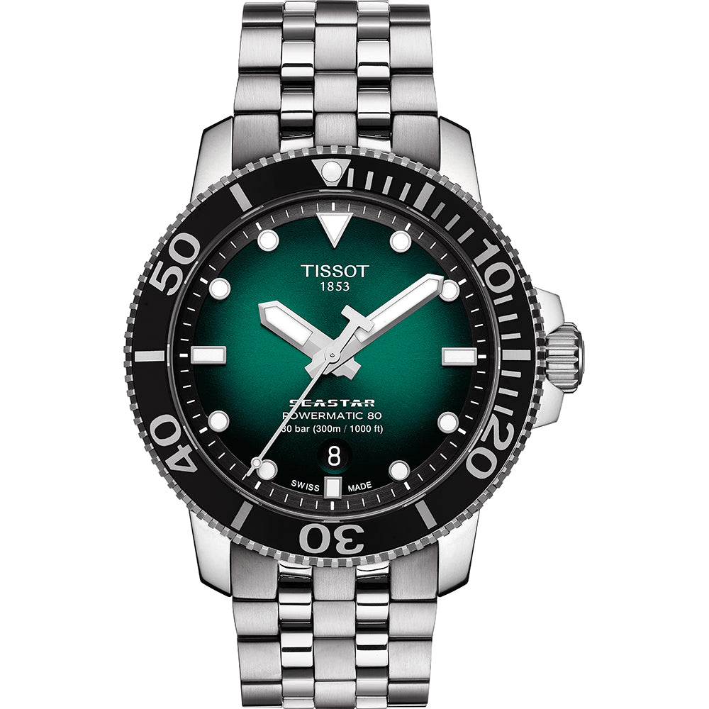 Reloj Tissot Seastar 1000 con esfera verde, bisel negro y correa de acero inoxidable.
