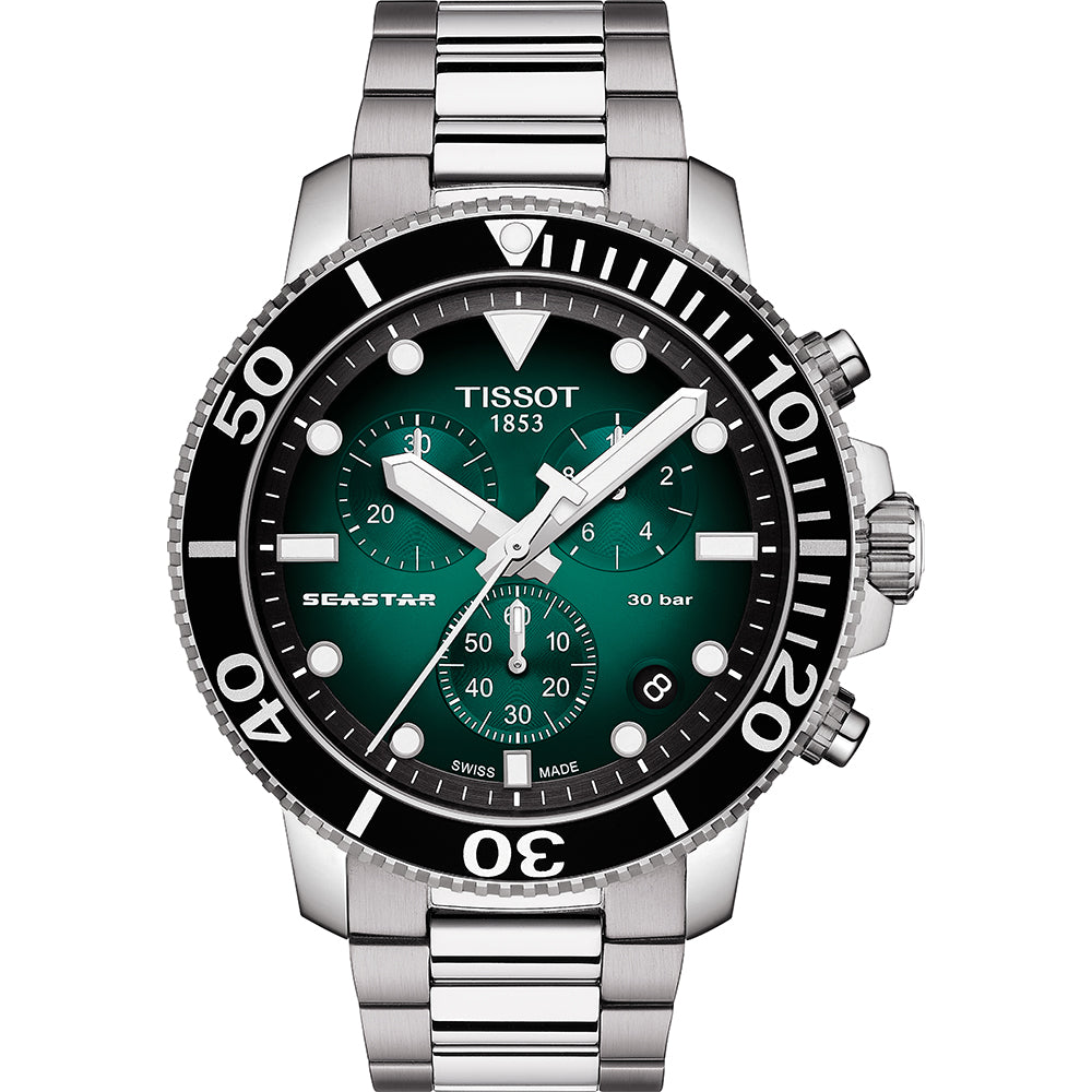 Reloj de buceo Tissot Seastar 1000 con esfera verde, bisel negro y correa de acero inoxidable.