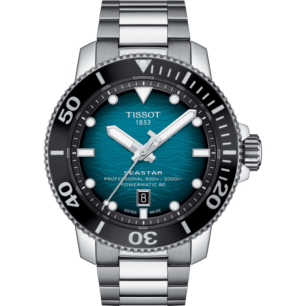 Reloj de buceo Tissot Seastar 2000 con esfera azul, caja de acero inoxidable y correa metálica.