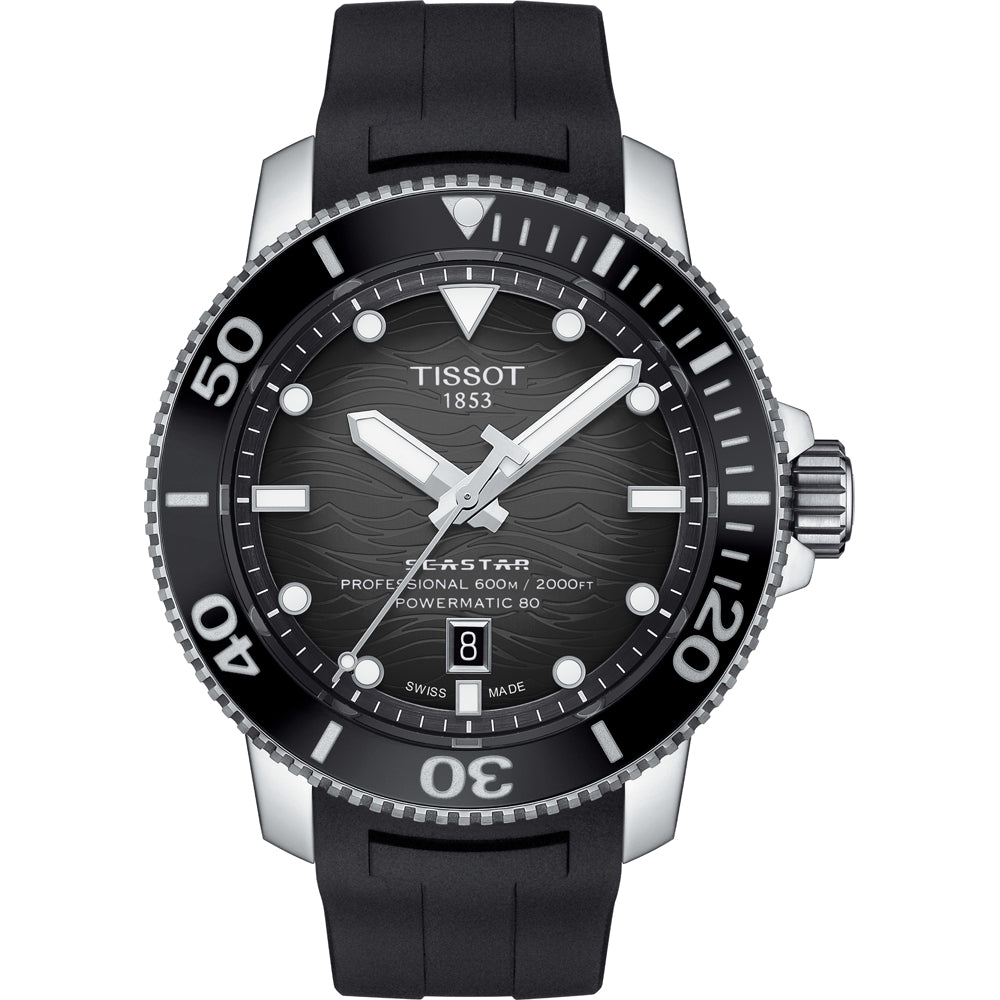 Reloj de buceo Tissot Seastar 2000 con esfera negra, bisel negro y correa de caucho.