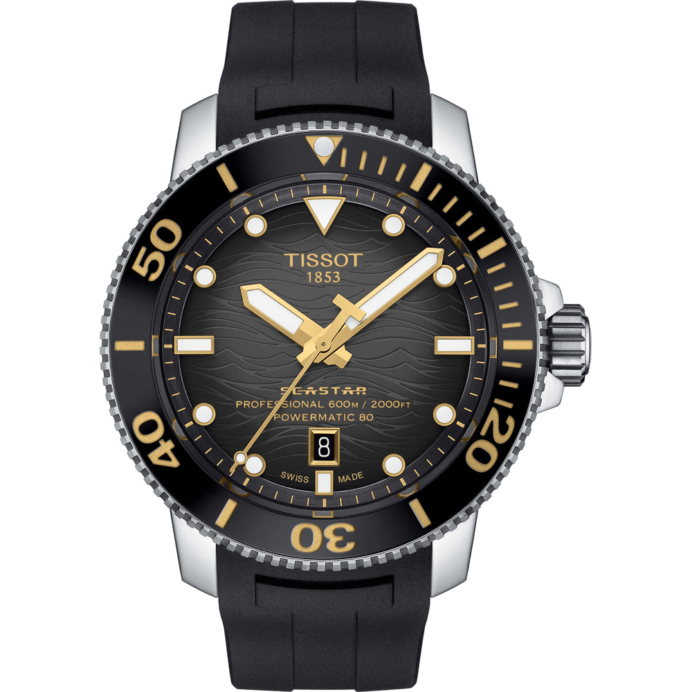 Reloj de buceo Tissot Seastar 2000 con esfera negra, detalles dorados y correa de caucho.
